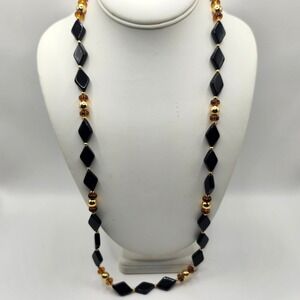 Trifari Vintage Black Diamond Bead Gold Tone Long Strand Necklace Jewelry‎